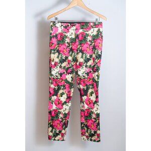 H&M Pink Floral Mid-Rise Straight Slim Stretch Ankle Trouser Pants Size 10